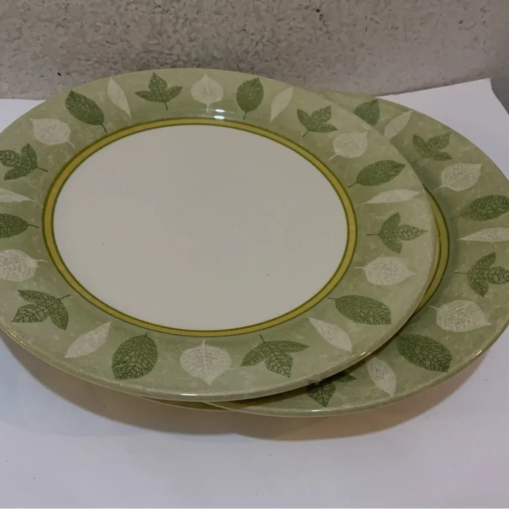 2 Creative dinner plates White&Green Leaves On Green Band, No Trim 10.5” RARE